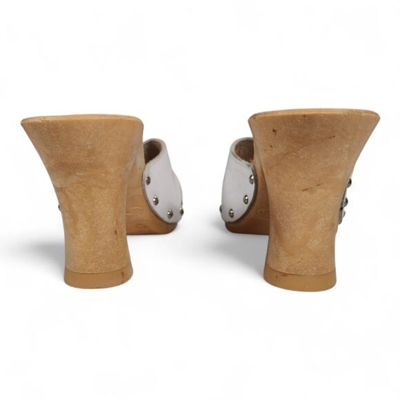 Vintage 1980s Candies White Leather Wooden Platform Mules Heels Sandals Studded - Picture 4 of 13